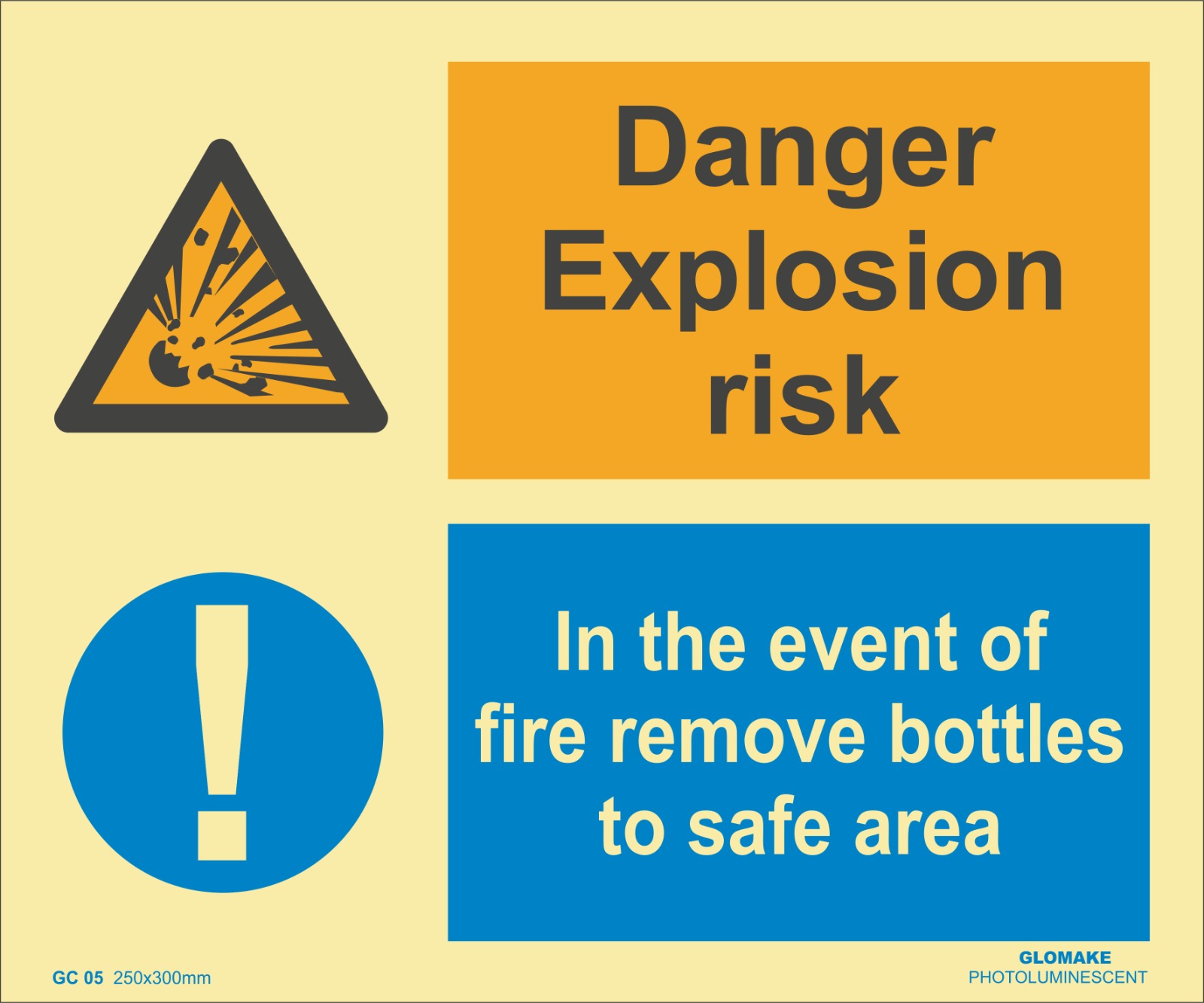DANGER EXPLOSION RISK, IN THE EVENT OF FIRE REMOVE BOTTLES TO SAFE AREA
(GC 05)